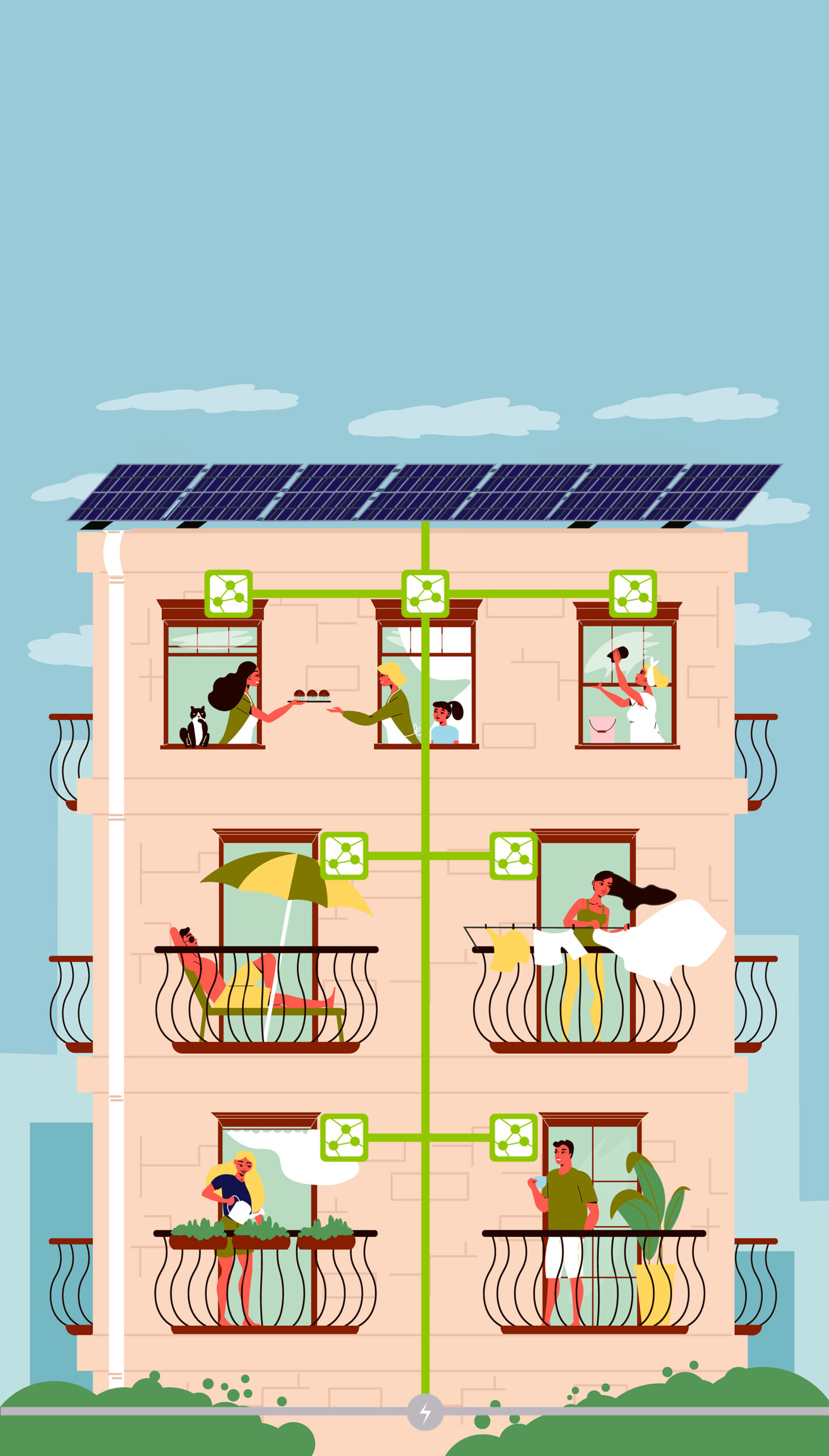 Illustration eines Mehrfamilienhauses mit Photovoltaik-Anlage und Mieterstrom-Verteilung